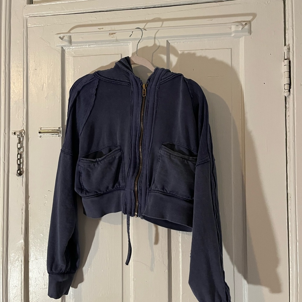 Free People Navy Blue Zip Up Crop Jacket